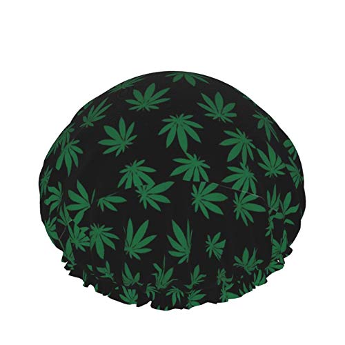 Black Weed Pattern Adjustable Long Hair Shower Cap Women Waterproof Lined Washable Satin Interior Reusable Cap For Girls Hair Protection