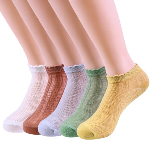 Heran Ruffle Mesh Ankle Socks for Women, 5 Pairs Cute Frilly Breathable Casual Girly Stockings, Woman Crew Thin Colorful Fancy Stockings, Coquette Cotton Fashion Socks for Women Girls Teens Students