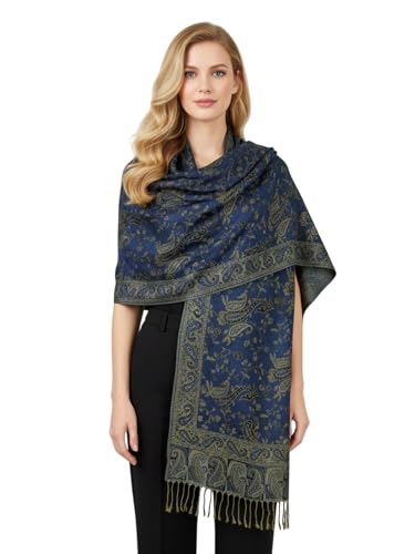 PASKMLNA Reversible Paisley Pashmina Shawl Wrap Elegant Colors (#14Light Navy)