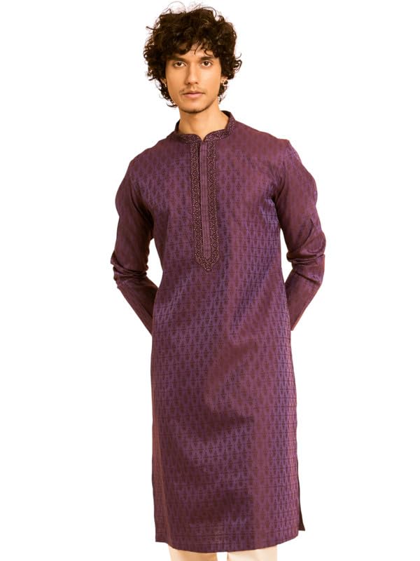diwas by manyavar Men's Viscose Blend Neck Embroidered Self Design Kurta (1pc)-picture-49