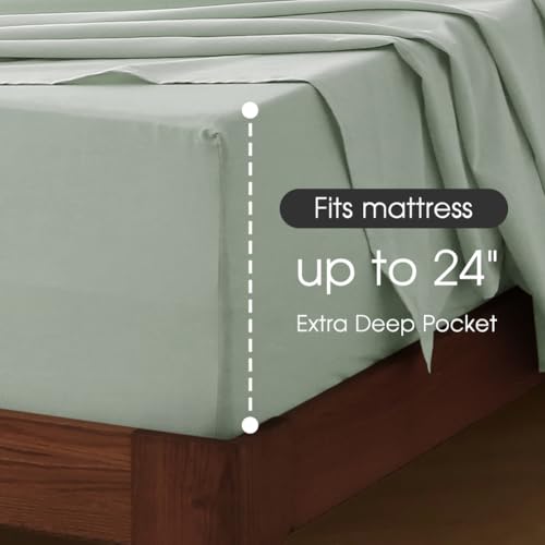 HYPREST Deep Pocket Queen Sheets Cotton - Queen Fit 18"- 24" in Deep Mattress, Sage Green Sheets, Aesthetic Cooling Sheets for Hot Sleepers, Non Slip Bed Sheets