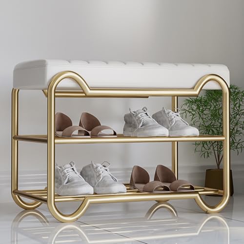 Banco de zapatos tapizado con estante de 2 niveles, organizador de entrada y banco de asiento para dormitorio, pasillo, sala de estar