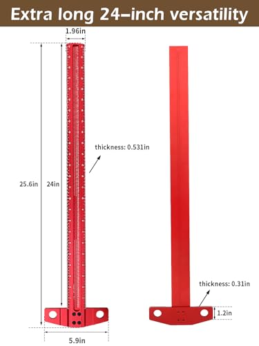T-Square Woodworking Ruler - 24 Inch Architect Precision Marking Ruler, Aluminum Alloy Speed Square & Woodworking Scriber, for Carpenter Crafting, Marking, Layout, Scribing and Measuring, Red - Image 2