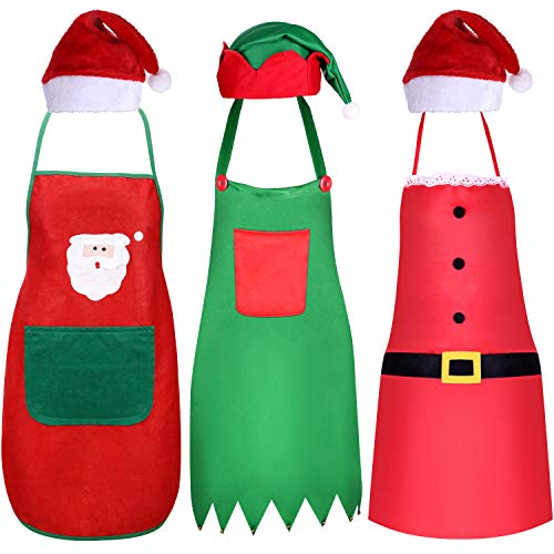 6 Pcs Christmas Apron and Hat Set, Including Christmas Beauty Elf, Santa Claus and Red Santa Hat for Christmas Party (Elf Style)