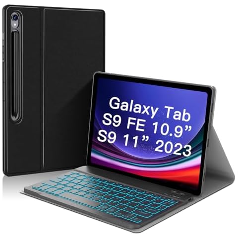 JUQITECH Backlit Keyboard Case for Samsung Galaxy Tab S9 FE 5G 10.9 Inch S9 11 Inch 2023, Slim Soft Tablet Multi-Angle Stand Cover Case with Keyboard for S9 FE 10.9" S9 11" Support S Pen Holder Attach Cover