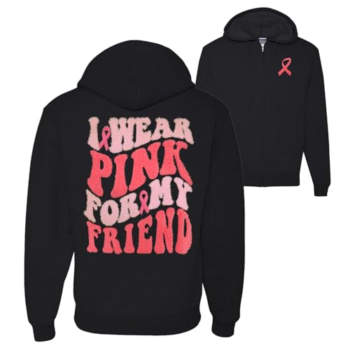 Wild Bobby Breast Cancer Awareness Trendy Fuzzy Pink Chenille Fabric Fluffy Patch Front and Back Zip Up Hoodie Sweatshirt