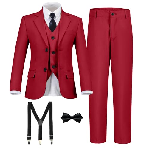 Boy's Formal Suit 7 Piece Slim Fit Tuxedo for Kids Teen Boys Jacket Vest and Pants Set for Wedding with Bow Tie Suspenders
