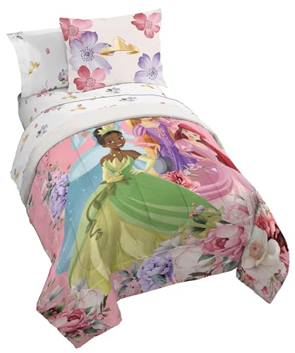 Jay Franco Disney Princess Twin Size Comforter Set - 5 Piece Bedding Includes Sheet Set & Pillow Covers - Super Soft Cozy Floral Bedding with Cinderella and Ariel