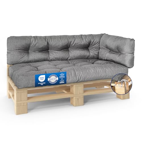 MKS Outdoor-Palettenkissen mit Spanngurten passend zur Palette | Balkon-Sofa-Wasserdicht | Outdoor-Europaletten-Sitzkissen | Outdoor- Bankauflage (3er Set (120x80 cm + 120x40 cm + 60x40 cm))