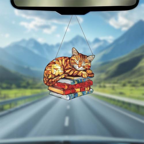 Image of Orange Tabby Cat Acrylic Ornament Gift for Book Lovers Christmas Decor