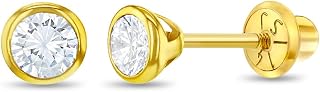 14k Yellow Gold Tiny 3-4mm Bezel Set Solitaire CZ Screw Back Earrings for Young Girls - Size Small Round Screw Backs for Babies, Infants & Toddlers