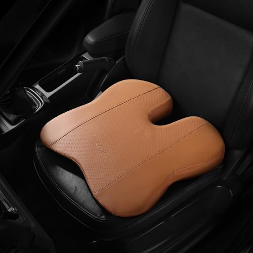 Image of Frido Premium Car Wedge Seat Cushion with Memory Foam Support and Coccyx Cutout, Luxe Leatherette Finish, Tailbone and Hip Pain Relief, Comfortable Support for Long Drives Travel and Daily Use | Tan