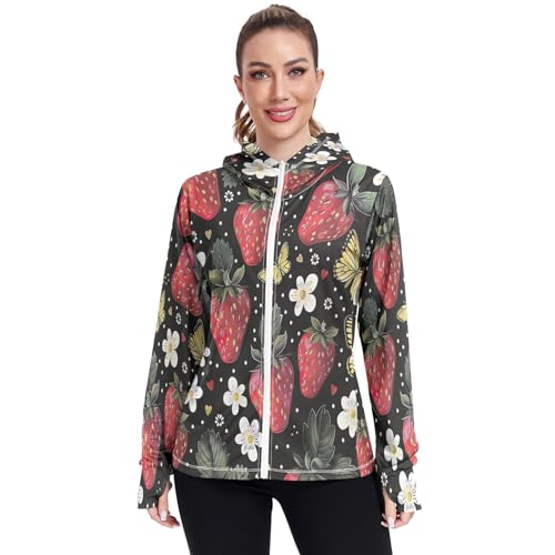 Kigai Strawberry Women's UPF 50+ UV Sun Protection Clothing Zip Up Hoodie SPF Long Sleeve Sun Shirt Travel Outdoor Jacket