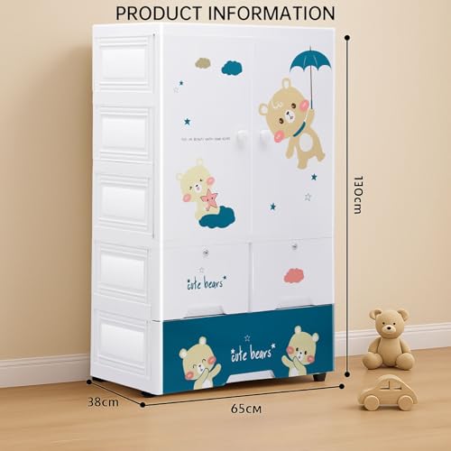 Image of Little Olive Teddy Kids Wardrobe | Multi Drawer Plastic Storage Cabinet for Clothes and Toys | Dark Green Matte Finish | DIY Collapsible Nursery Organizer for Children 0 to 7 Years