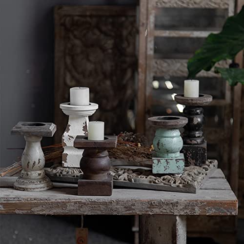 Small Rustic Candle Holder, Handmade Distressed Wood Pillar Candle Holders, Farmhouse Candle Holders Turquoise Candle Pedestal, Decorative Candle Stick Dining Table Centerpiece (3.9" X 3.9" X 5.1") #TOP6