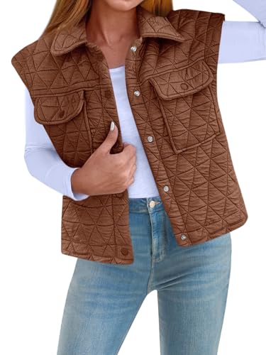 Cicy Bell Womens Lightweight Quilted Vests Cargo Button Down Cropped Sleeveless Jackets Fall Loose Fit Gilets with Pockets