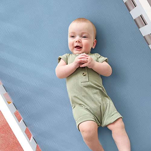 Image of GRSSDER Soft Muslin Crib Sheet 1 Pack, 100% Cotton Crib Sheets for Boys and Girls, Fit Standard Crib Mattresses 52 inch x 28 inch Safe and Snug, Dust Blue