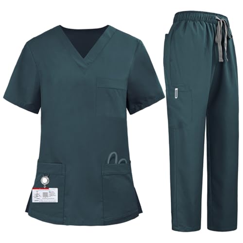 M&Catree Uniformes Sanitarios Mujer Hombre Uniforme Médico Camisas Manga Corta Cuello en V Pantalón Multibolsillos - Turquesa Verde, S