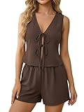 GORGLITTER Co Ord Sets for Women Shorts Tracksuit Womens Full Set V Neck Tie Front Vest Tops and Mini Shorts Set 2 Piece Outfits Brown Medium