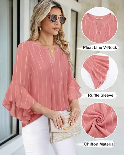 Image of Timeson Women's Short Sleeve V Neck Blouses Shirts Floral Double Layers Mesh Tunics Tops