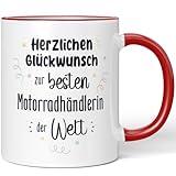 JUNIWORDS Tasse, Herzlichen Glückwunsch zur besten Motorradhändlerin der Welt, Rot (7646570)