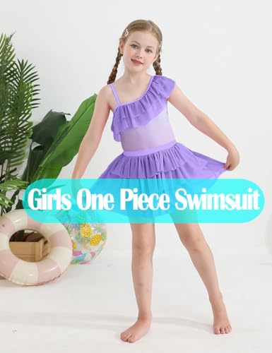 Image of Mikrdoo Girls One Shoulder Ruffle Bathing Suit Beach Outfits One Piece Swimsuit with Skirt