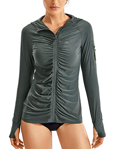CRZ YOGA Women s UPF 50+ Long Sleeve Rash Guard Zipper Front Hoodie Ruched Swimsuit Cover Ups Quick Dry Mountain Green Medium