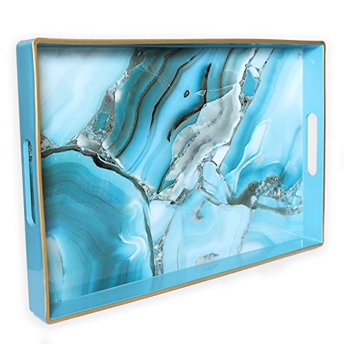 Spsyrine Decorative Tray, Plastic Marble Serving Tray with Handles for Breakfast, Ottoman, Coffee Table, Bathroom, Kitchen, Living Room 15.6” X 10.2"