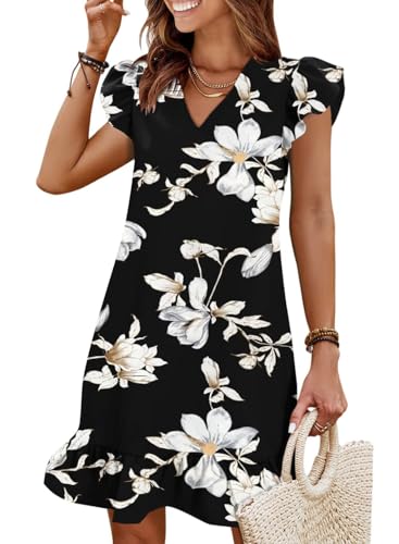 Image of QACOHU Spring Summer Dresses for Women 2026 V Neck Cap Sleeve Ruffle Hem Smock Short Casual Beach Dress