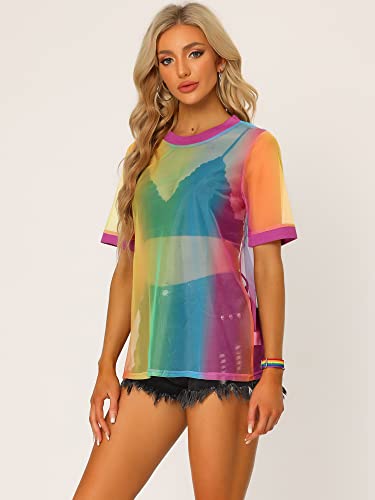 Allegra K Women's Rainbow Mesh T-Shirt Cover Up Party Short Sleeve See Through Sheer Tops2