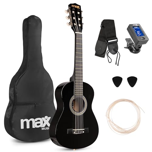 Max SoloArt Pack Guitare Classique Junior 1/4 - Noire, Cordes en Nylon, 4 à 6 ans, Sac de Transport, Médiators, Sangle, un Cadeau pour Enfants Idéal pour...