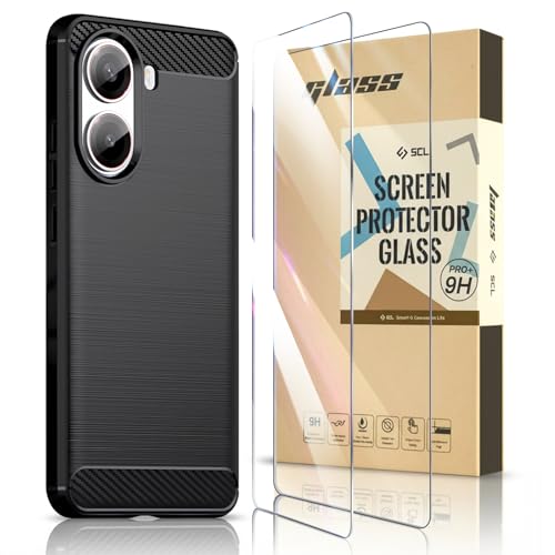 SCL Case and Screen Protector for POCO X7 Pro, 2 Tempered Glass and Case [Black], Carbon Fibre Effect Gel Grip Protection Cover [Anti Scratch][Anti Collision]