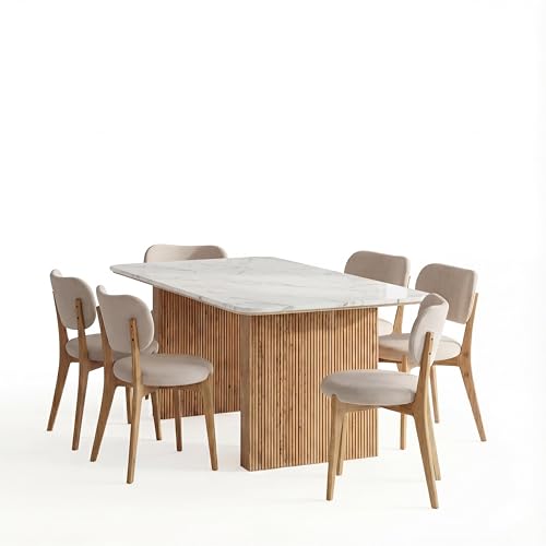 Image of 6 Seater Modern Acacia Wood Dining Table Set with White Marble Top & Upholstered Chairs | Rectangular Solid Wood Dining Table 69x39 Inches | Contemporary Dining Furniture for Home from Jodhpur