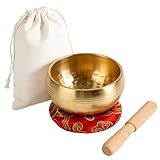 HONYUET Tibetische Klangschale, 8 cm Klein Handgehämmert Messing Klangschale Set mit Holzstab Kissen Stoffbeutel, für Meditation Entspannung Achtsamkeit Stressabbau Trost Geschenke