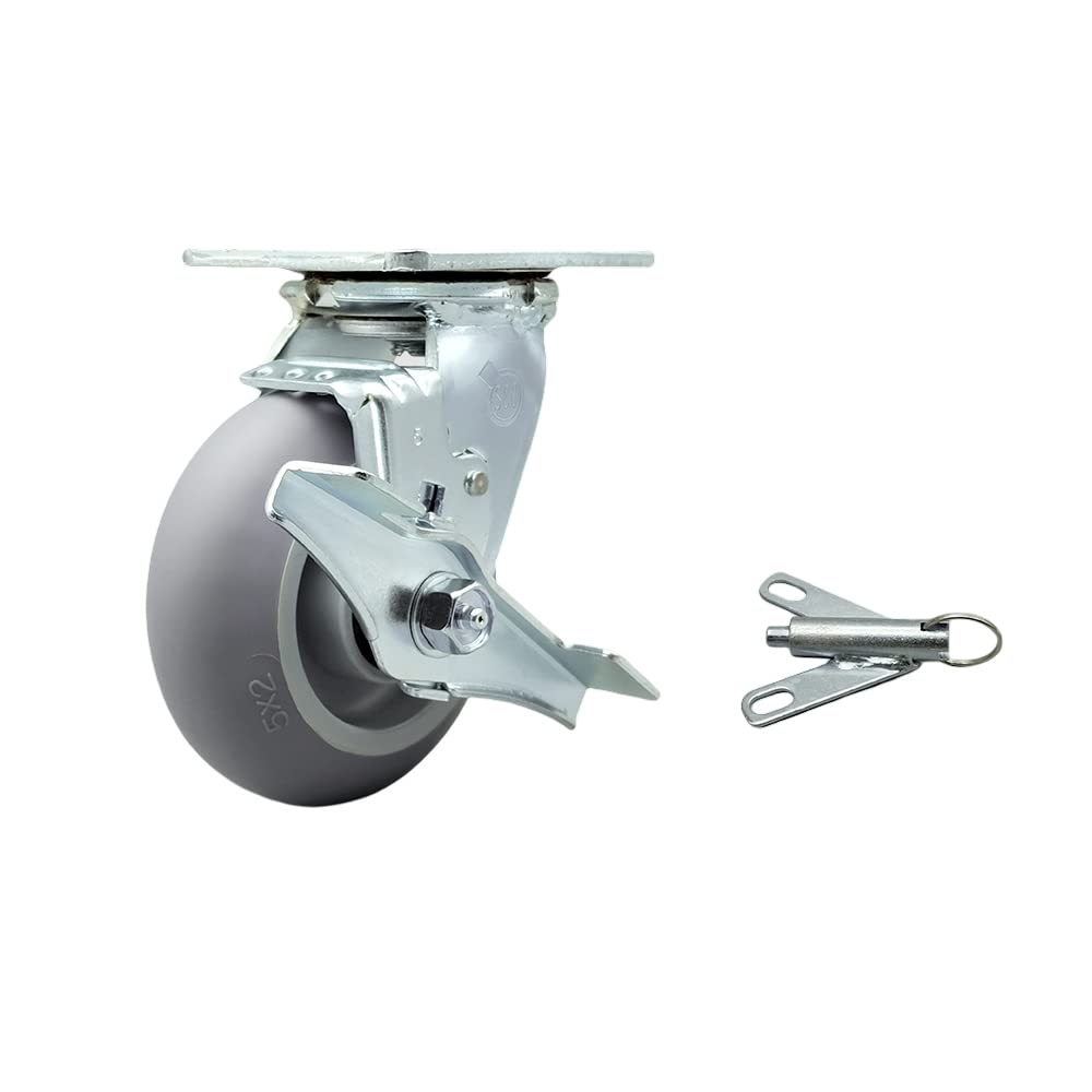 Stainless Steel Heavy Duty Swivel Top Plate Caster with Top Lock Brake and Bolt on Swivel Lock and 5 Inch Thermoplastic Rubber Donut Tread Wheel with Ball Bearings - Service Caster Brand