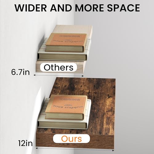 Image of Fun Memories 12 Inch Deep Floating Shelf, 24 x 12 Rustic Wood Wall Shelf for Books, 2 inch Thick Deep Floating Shelf for Storage & Display in Kitchen, Living Room, Bedroom, Rustic Brown, 2 Packs