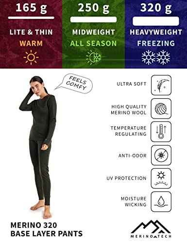 Merino.tech Merino Wool Base Layer Womens Pants 100% Merino Wool Leggings Heavyweight Thermal Underwear Bottoms + Wool Socks (Xx-Large, 320 Black) #TOP4