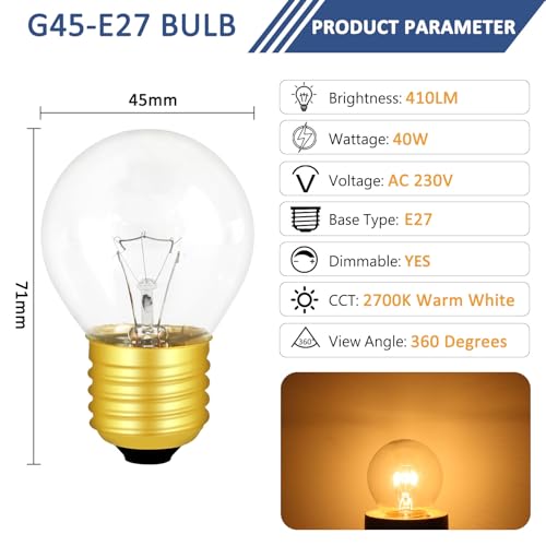 2 Stück Backofenlampe E27 Dimmbar, 2700K Warmweiße Herd-Glühbirne, 410 Lumen, 71MM * 45MM, AC 240V, Bis 300°C Hitzebeständiges, G45 Globe Klar Lampen, für Backöfen, Lava Lampe, Saunalicht