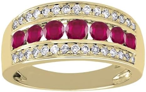 Multi Layer Round Cut Red Ruby & White Diamond Wedding Band, 14K Sterlinng/Yellow/Rose Gold Finish Three Layer Ruby Cluster Ring