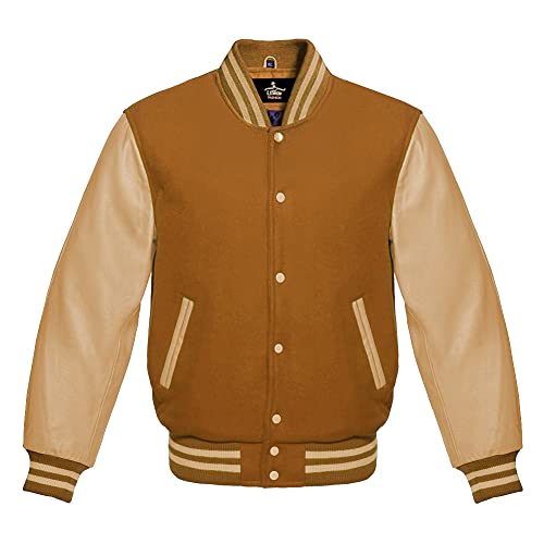 Men's Varsity Baseball Letterman Premium Tan Brown Wool & Genuine Dark Cream Leather Sleeves jackets