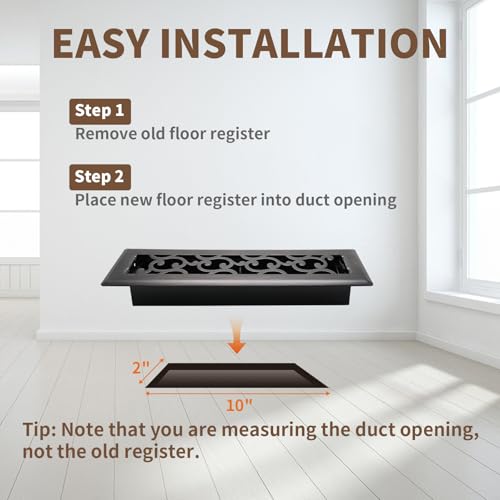 SANYCASA 2x10 Inches Air Floor Vents Register Ease Adjust Air Flow Savannah Design-Heavy Duty Walkable Steel Decorative Vent Covers for Home Floor - Oil Rubbed Bronze Floor Vent Covers