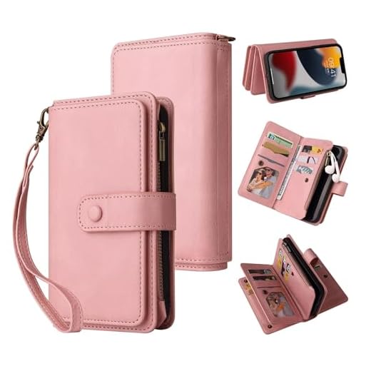 Belzsxy portemonneehoesje voor Xiaomi Redmi Note 11T 5G/11s 5G, vintage PU-ritsvak, 15 kaartsleuven, standaard met polsbandje, magnetische sluiting, schokbestendige flipcover - roze