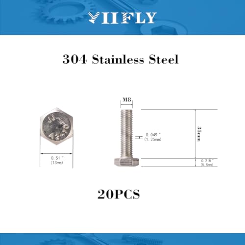Image of M8x1.25 x 35mm Hex Head Screws Bolts, 304 Stainless Steel (A2-70), Bright Finish, Fully Threaded, Hexagon Head Bolts, Quantity 20