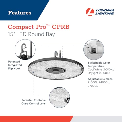 Image of Lithonia Lighting Black Round LED High Bay Light Adj Lumens, 4000K /5000K | Compact Pro Round LED Ceiling Light, Low Medium High Brightness, Cool White, Daylight (CPRB ALO14 UVOLT SWW9 80CRI DBL)