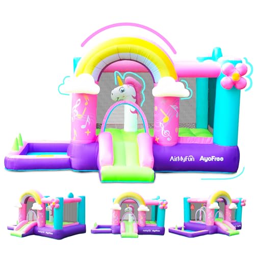 Unicorn Bounce House with Slide, Inflatable Pink Bouncy House with Air Blower,Fun Bouncy Castle for Girls Aged 3-10,Ideal for Birthday Parties and Backyard Fun,Wet & Dry Use with Water Pool& Ball Pit
