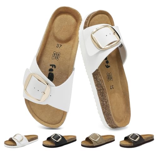 chetoria Sandales Mules Femme Cuir Véritable Semelle Liège Boucle Blanc 37
