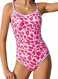XiaoMoSha Girls One Piece Swimsuits Teen Bathing Suit Quick Dry Summer Beach Padded Swimwear Adjustable Straps Color Contrast Trim Beachwear for Tween Girls Size 15 16 Rose Red Leopard