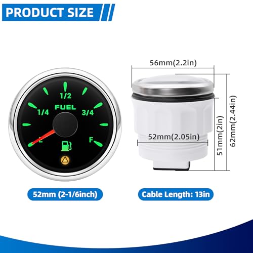 MH Fuel Gauge 240-33/0-90/0-190ohm/10-180/240-30ohm 7 Color Boat Marine Fuel Tank Level 13% Low Warning AUTO Gauge for Car Truck (Black and Silver)