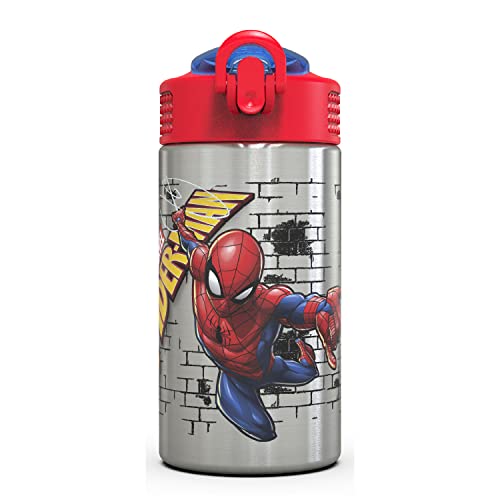 Image of Zak Designs Stainless Steel One Hand Operation Lid and Built-in Carrying Loop Water Bottle with Straw Spout is Perfect for Kids (15.5 oz, BPA Free), 1 Count (Pack of 1), Marvel Comics Spider-Man