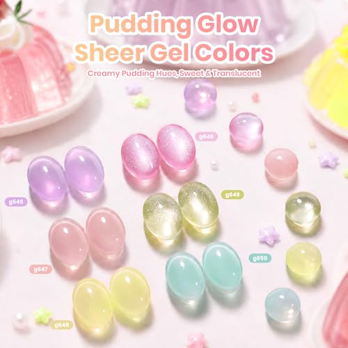 Image of Beetles Jelly Gel Nail Polish Set, 6 Colors Pastel Pink Cat Eye Blue Purple Yellow Green Glitter Gel Polish Kit with Magnet Sticker Soak Off UV Gel Nail Art Salon DIY at Home Summer Gift for Women